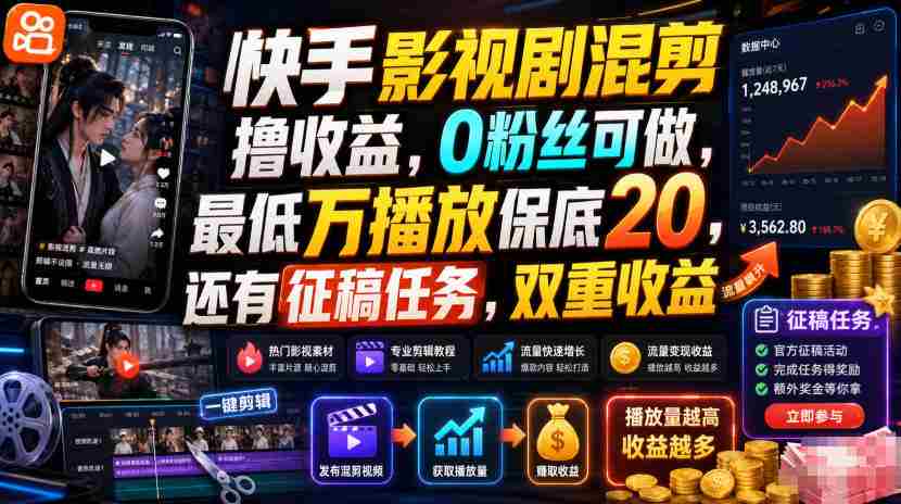 快手影视剧混剪撸收益，0粉丝可做，最低万播放保底20，还有征稿任务，双重收益-副业部