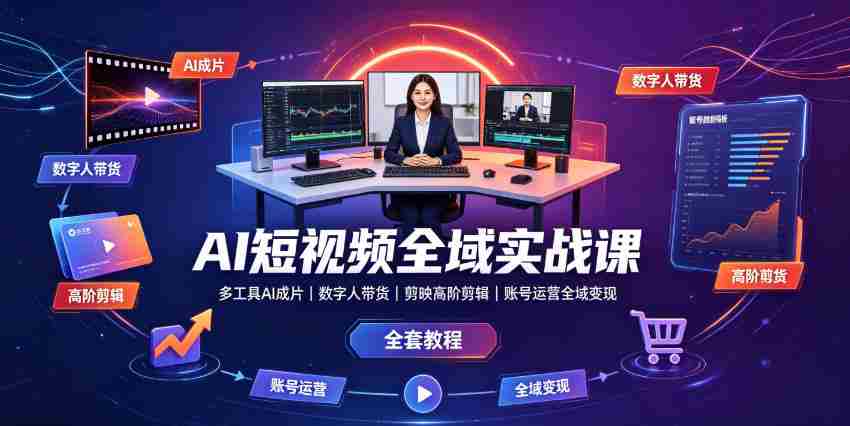 AI短视频全域实战课｜多工具AI成片、数字人带货、剪映高阶剪辑、账号运营全域变现全套教程-副业部