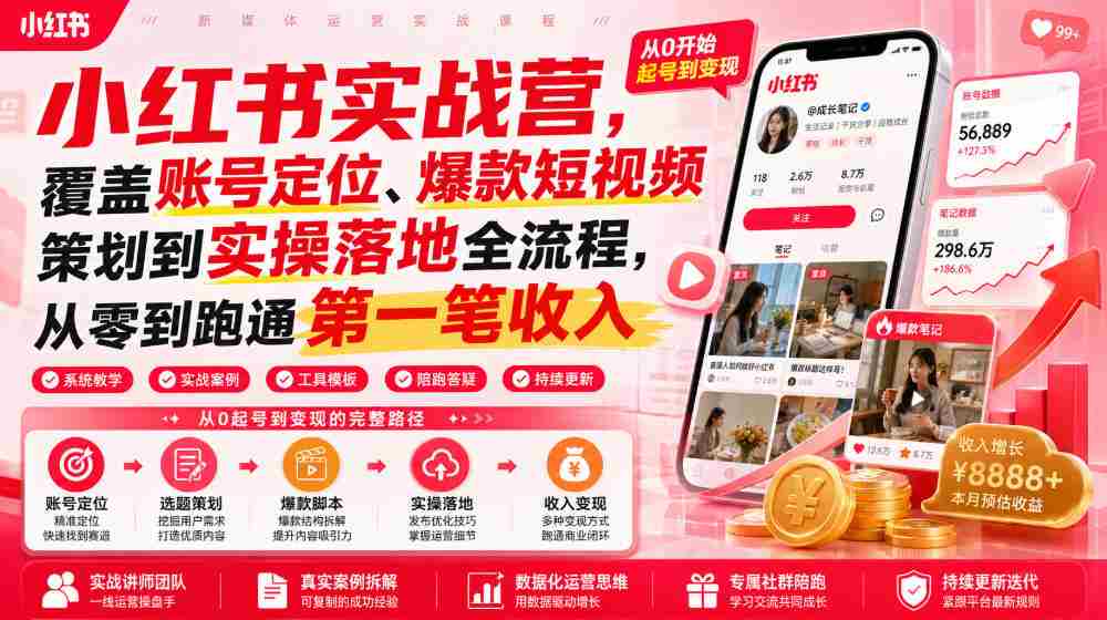 小红书实战营，覆盖账号定位、爆款短视频策划到实操落地全流程，从零到跑通第一笔收入-副业部