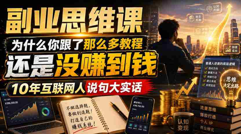 副业思维课，为什么你跟了那么多教程，还是没赚到钱，10年互联网人说句大实话【揭秘】-副业部