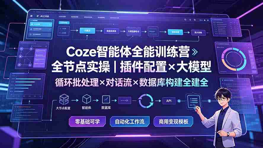 （19324期）Coze智能体全能训练营：全节点实操｜插件配置×大模型×循环批处理×对话流×数据库构建全教学-副业部
