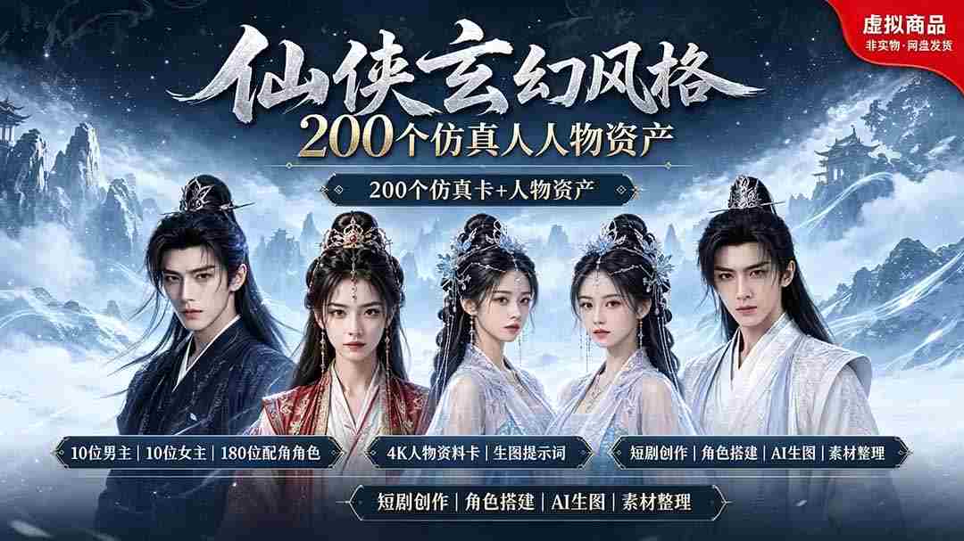 （19301期）200个仙侠玄幻仿真人素材◆10男主×10女主×180配角，4K资料卡+AI生图提示词，漫剧必备-副业部