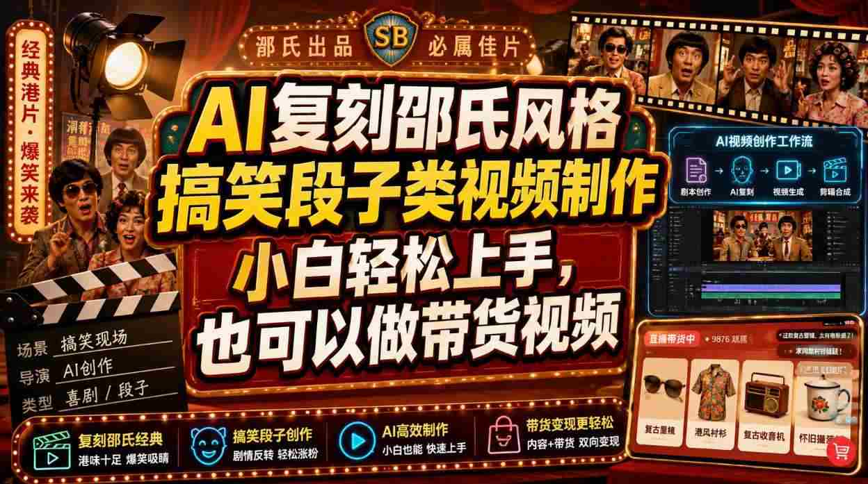 AI复刻邵氏风格搞笑段子类视频制作，小白轻松上手，也可以做带货视频-副业部