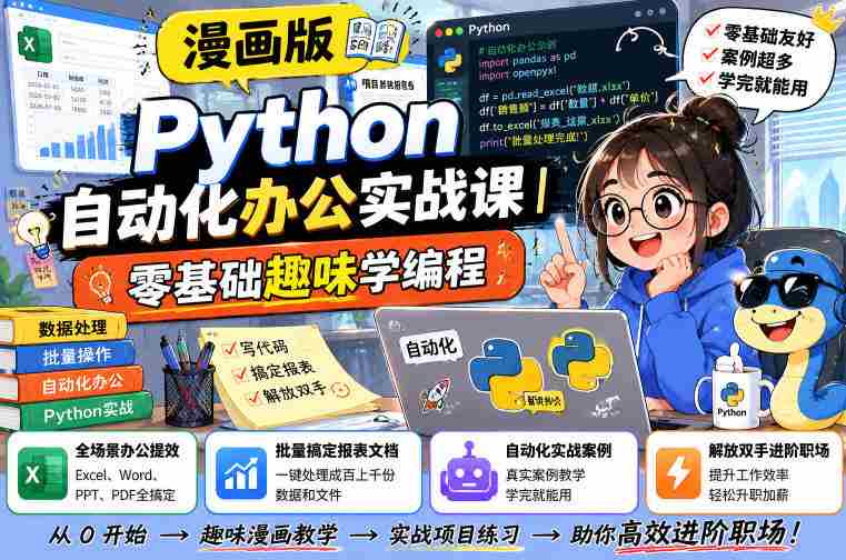 漫画版Python自动化办公实战课｜零基础趣味学编程，全场景办公提效、批量搞定报表文档、解放双手进阶职场-副业部