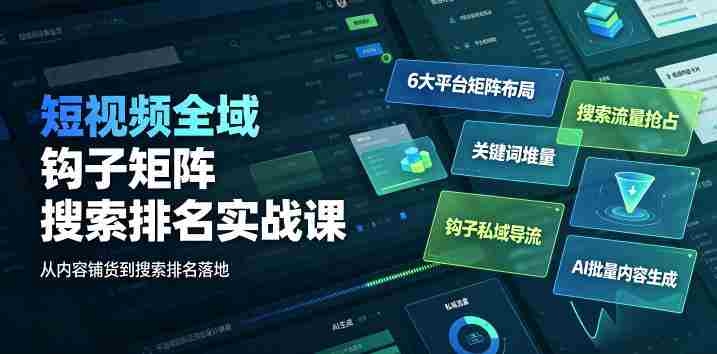 短视频全域钩子矩阵搜索排名实战课｜6大平台矩阵布局、关键词堆量抢占搜索流量、钩子私域导流、AI批量内容生成-副业部