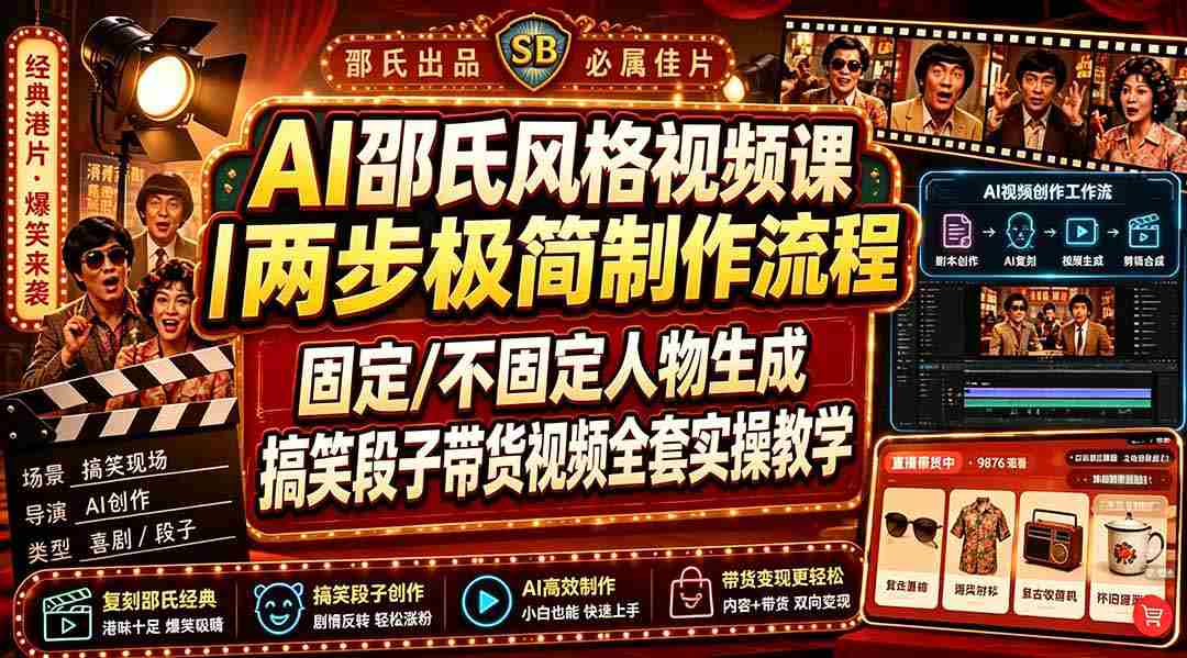 （19602期）AI邵氏风格视频课｜两步极简制作流程，固定/不固定人物生成，搞笑段子带货视频全套实操教学-副业部