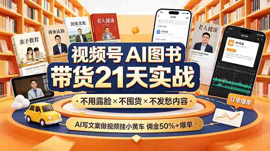 （19476期）视频号AI图书带货21天实战：不用露脸×不囤货×不发愁内容，AI写文案做视频挂小黄车，佣金50%+爆单-副业部