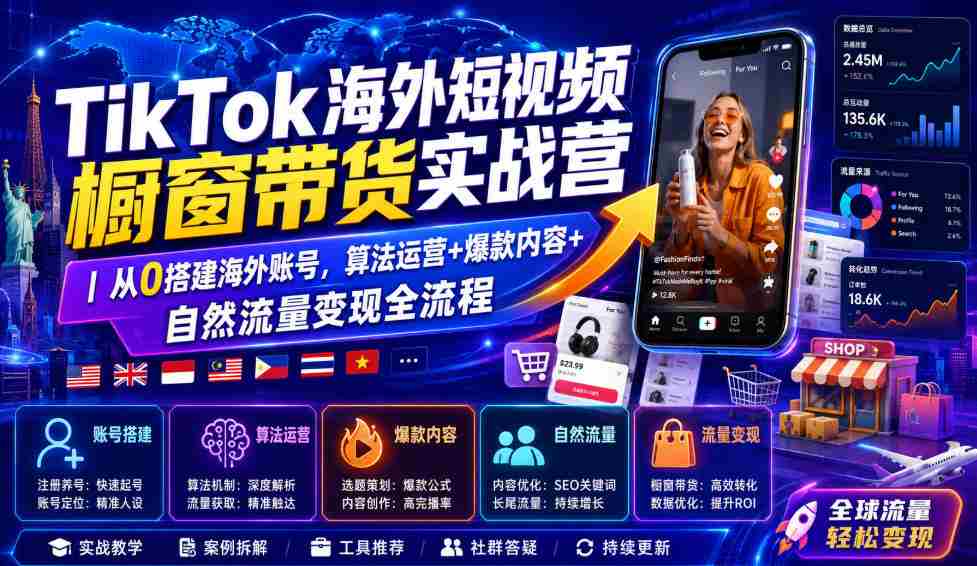 TikTok海外短视频橱窗带货实战营｜从0搭建海外账号，算法运营+爆款内容+自然流量变现全流程-副业部