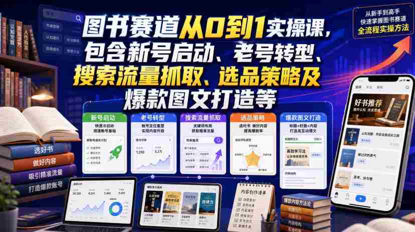 图书赛道从0到1实操课，包含新号启动、老号转型、搜索流量抓取、选品策略及爆款图文打造等-副业部