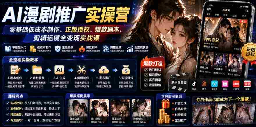 AI漫剧推广实操营｜零基础低成本制作、正版授权、爆款剧本、剪辑运镜全变现实战课-副业部