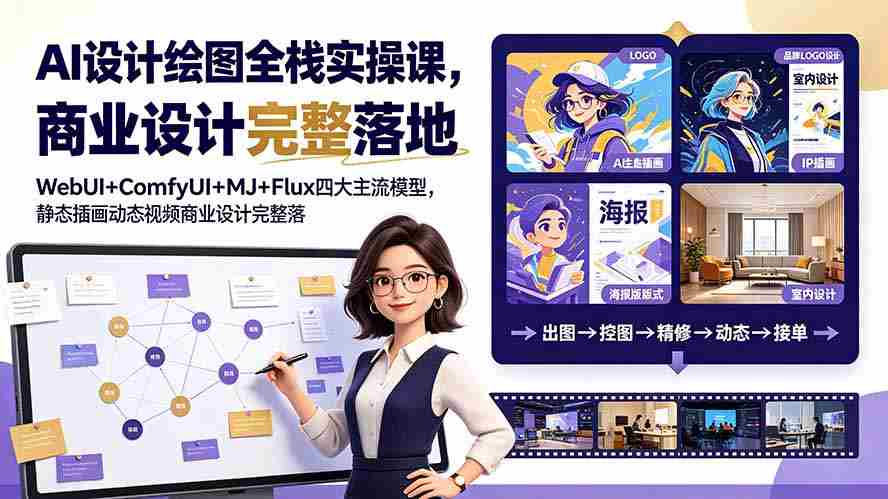 （19244期）AI设计绘图全栈实操课，WebUI+ComfyUI+MJ+Flux四大主流模型，静态插画动态视频商业设计完整落地教程-副业部