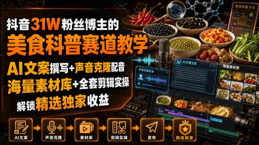 抖音31W粉丝博主的美食科普赛道教学，AI文案撰写+声音克隆配音+剪辑实操，解锁精选独家收益-副业部