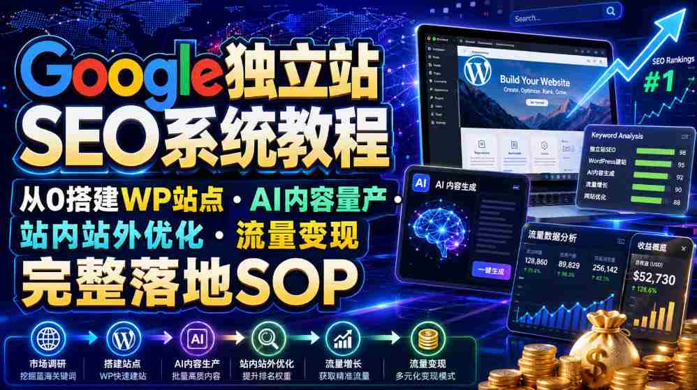 Google独立站SEO系统教程，从0搭建WP站点・AI内容量产・站内站外优化・流量变现完整落地SOP（2026年7月）-副业部
