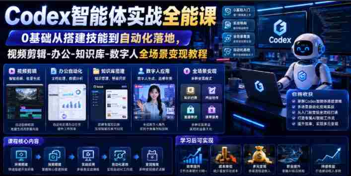 Codex智能体实战全能课｜0基础从搭建技能到自动化落地，视频剪辑-办公-知识库-数字人全场景变现教程-副业部