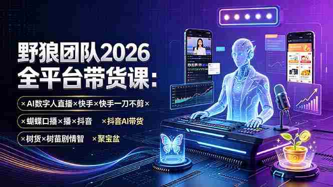 （19511期）野狼团队2026全平台带货课-7月：AI数字人直播×快手一刀不剪×蝴蝶口播×抖音AI带货×树苗剧情智剪×聚宝盆-副业部