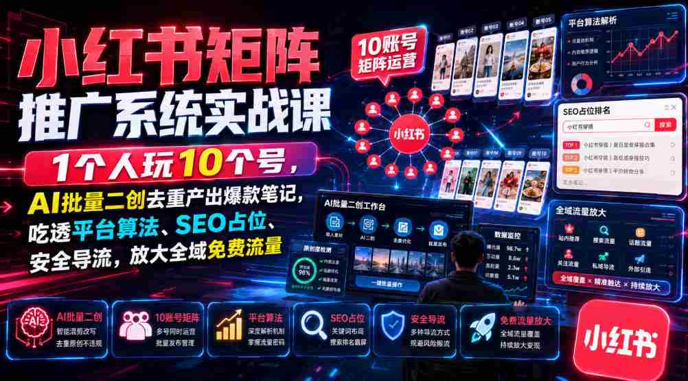 小红书矩阵推广系统实战课｜1个人玩10个号，AI批量二创去重产出爆款笔记，吃透平台算法、SEO占位、安全导流，放大全域免费流量-副业部