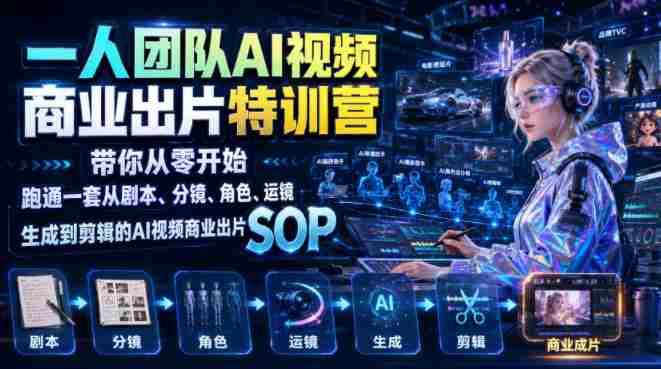 一人团队AI视频商业出片实战课：带你从零开始跑通一套从剧本、分镜、角色、运镜、生成到剪辑的AI视频商业出片SOP-副业部