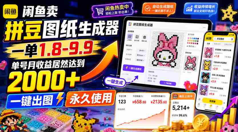 闲鱼卖拼豆图纸生成器，一单1.8-9.9，单号月收益居然达到2000+一键出图永久使用-副业部