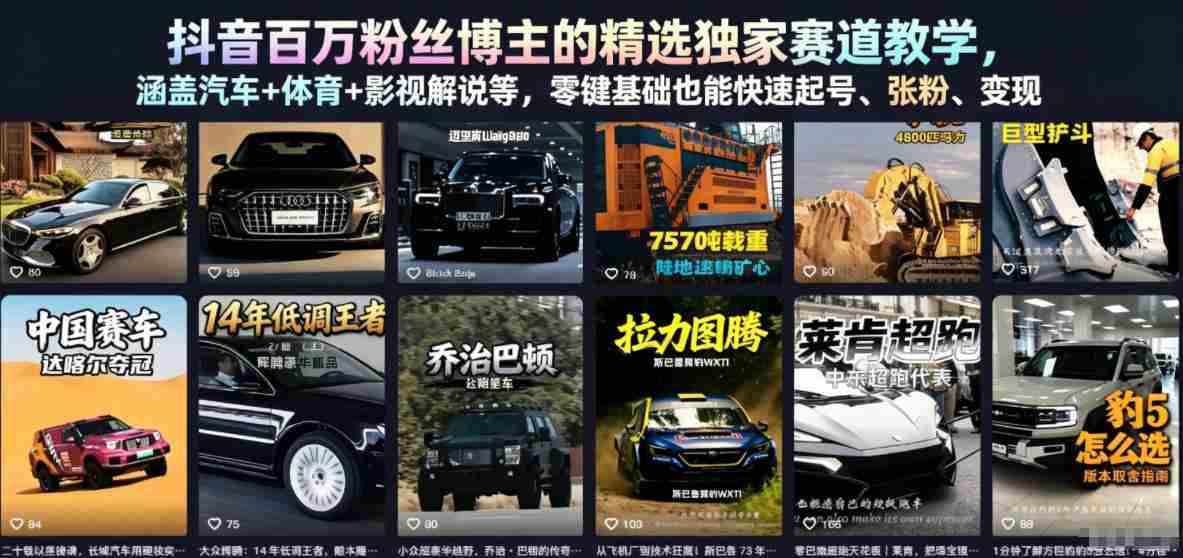 抖音百万粉丝博主的精选独家赛道教学，涵盖汽车+体育+影视解说等，零基础也能快速起号、涨粉、变现（更新0701）-副业部