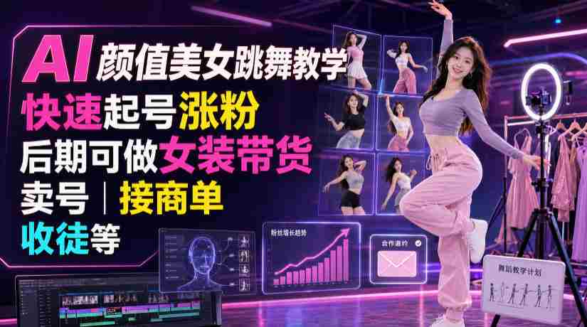 AI颜值美女跳舞教学，快速起号涨粉，后期可做女装带货，卖号，接商单，收徒等-副业部
