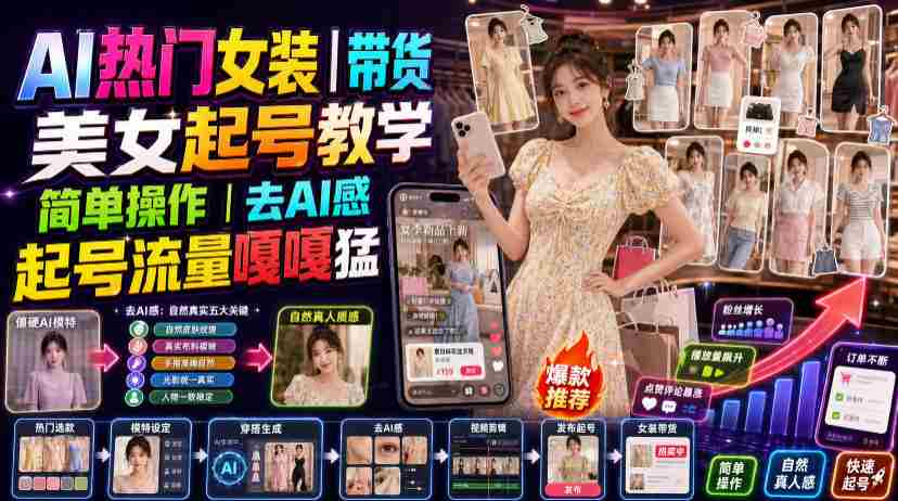 AI热门女装带货丨美女起号教学，简单操作，去AI感，起号流量嘎嘎猛-副业部