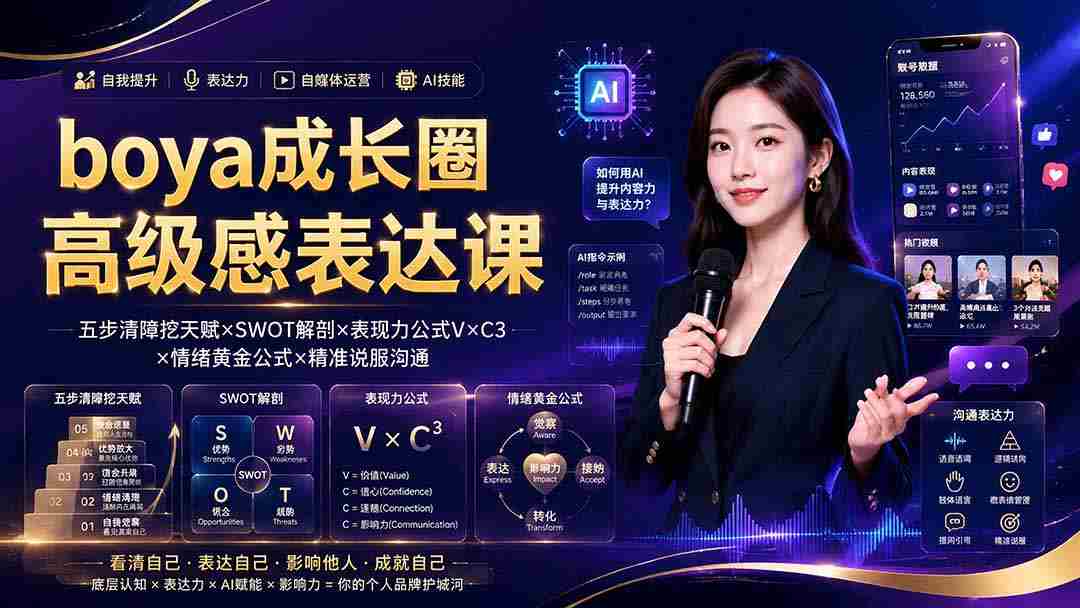 （19582期）boya成长圈｜内心成长高级表达AI自媒体三合一，消解内耗挖掘天赋，镜头沟通AI指令短视频全流程教学-副业部