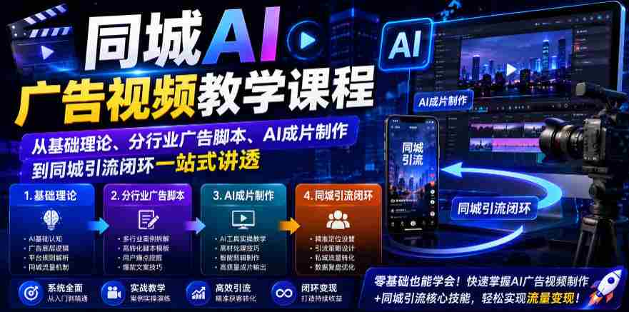 同城AI广告视频教学课程，从基础理论、分行业广告脚本、AI成片制作到同城引流闭环一站式讲透-副业部