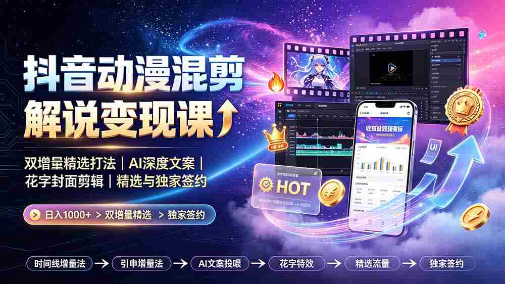 （19311期）抖音动漫混剪解说变现课：双增量精选打法｜AI深度文案｜花字封面剪辑｜ 精选与独家签约日入1000+-副业部