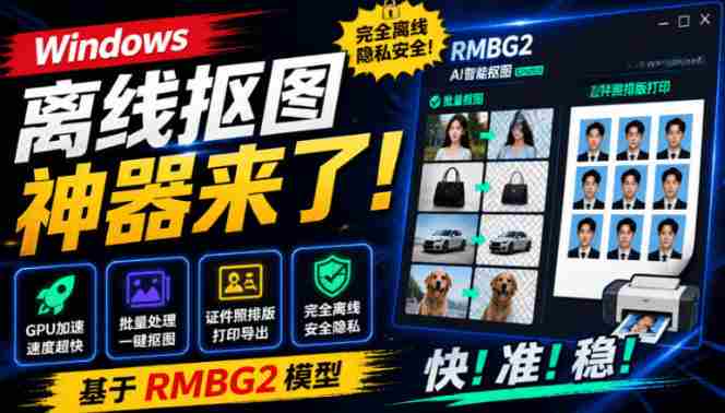 Windows离线抠图神器来了！支持批量抠图+证件照排版打印，基于RMBG2模型，GPU加速方块AI抠图-副业部