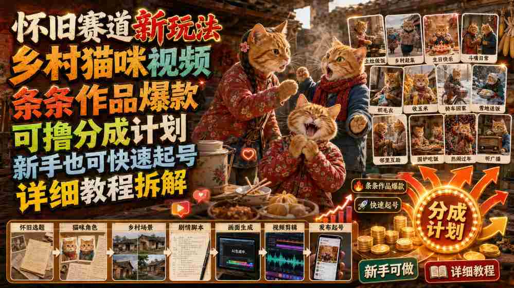 怀旧赛道新玩法，乡村猫咪视频，条条作品爆款，可撸分成计划，新手也可快速起号，详细教程拆解-副业部