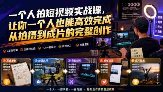 一个人拍短视频实战课，让你一个人也能高效完成从拍摄到成片的完整创作-副业部