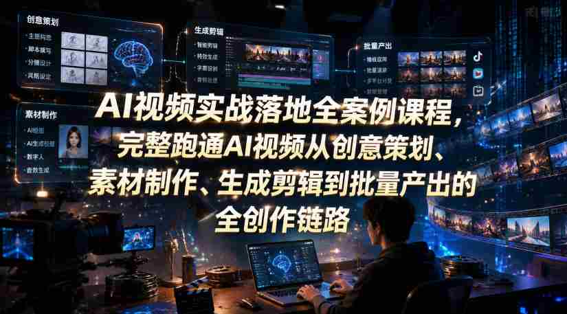 AI视频实战落地全案例课程，完整跑通AI视频从创意策划、素材制作、生成剪辑到批量产出的全创作链路-副业部