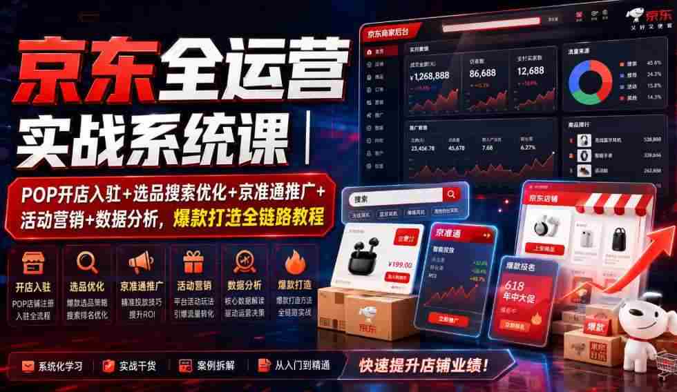 京东全运营实战系统课｜POP开店入驻+选品搜索优化+京准通推广+活动营销+数据分析，爆款打造全链路教程-副业部