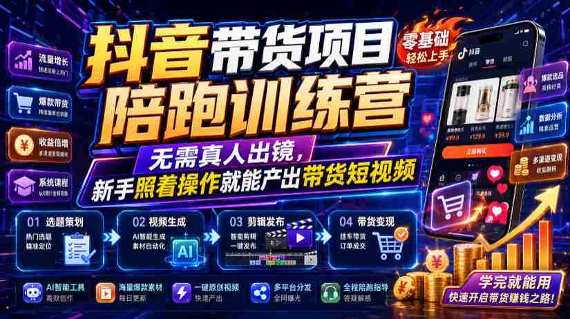 抖音带货项目陪跑训练营，无需真人出镜，新手照着操作就能产出带货短视频-副业部