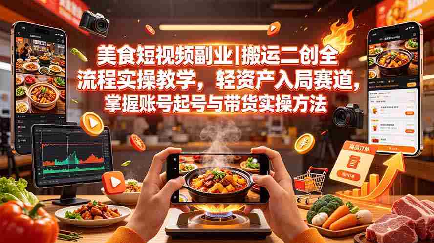 （19535期）美食短视频副业｜搬运二创全流程实操教学，轻资产入局赛道，掌握账号起号与带货实操方法-副业部