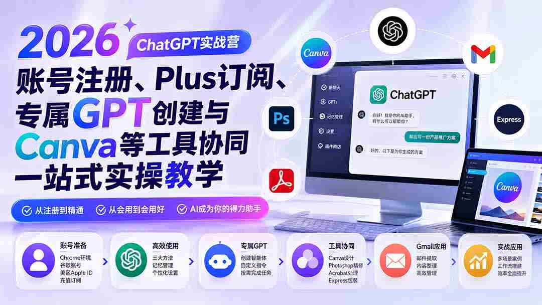 （19924期）2026 ChatGPT实战营；账号注册、Plus订阅、专属GPT创建与Canva等工具协同一站式实操教学-副业部