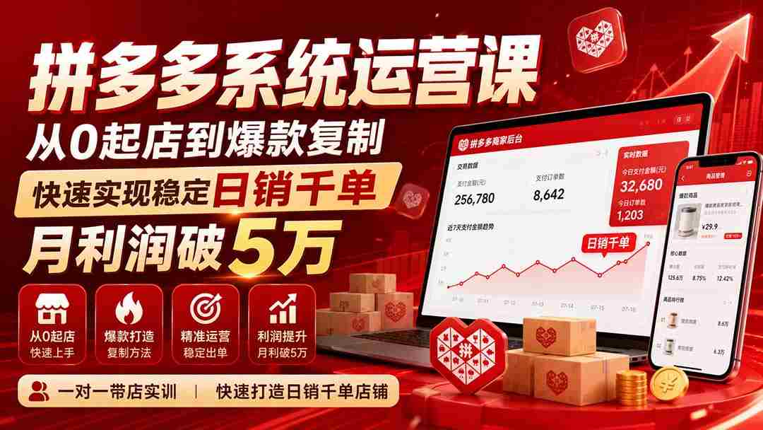 （20124期）拼多多系统运营课(更新8月)，从0起店到爆款复制，快速实现稳定日销千单，月利润破5万-副业部