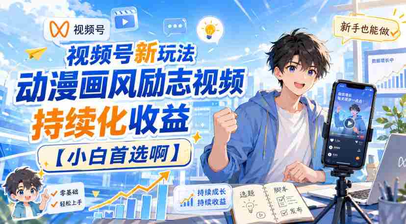 视频号新玩法动漫画风励志视频，持续化收益【小白首选啊】-副业部