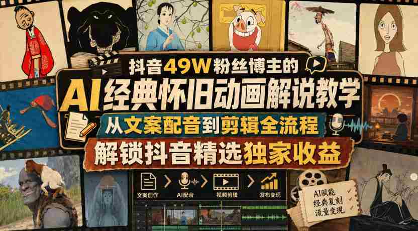 抖音49W粉丝博主的AI经典怀旧动画解说教学，从文案配音到剪辑全流程，解锁抖音精选独家收益-副业部