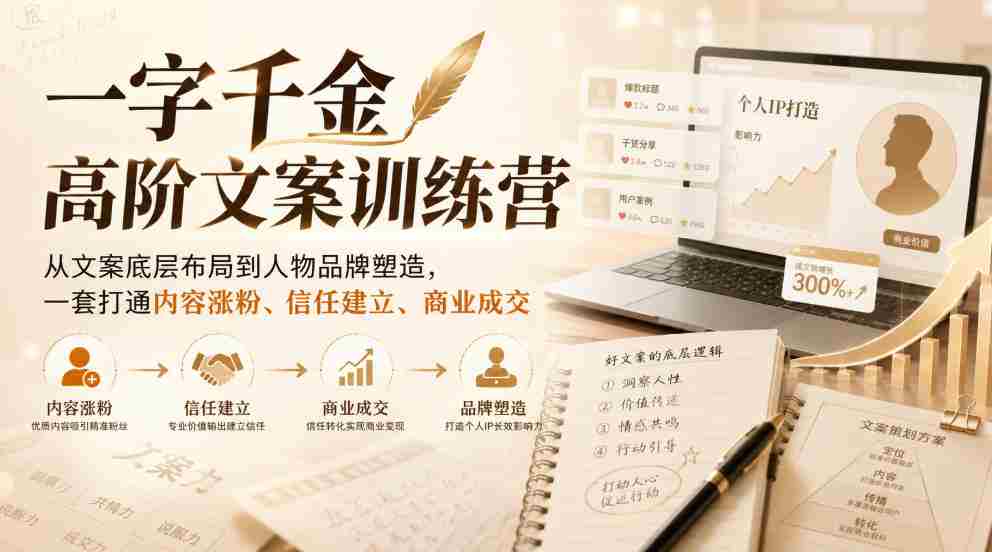 一字千金高阶文案训练营，从文案底层布局到人物品牌塑造，一套打通内容涨粉、信任建立、商业成交-副业部