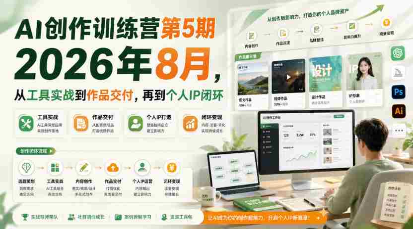 AI创作训练营第5期2026年8月，从工具实战到作品交付，再到个人IP闭环-副业部