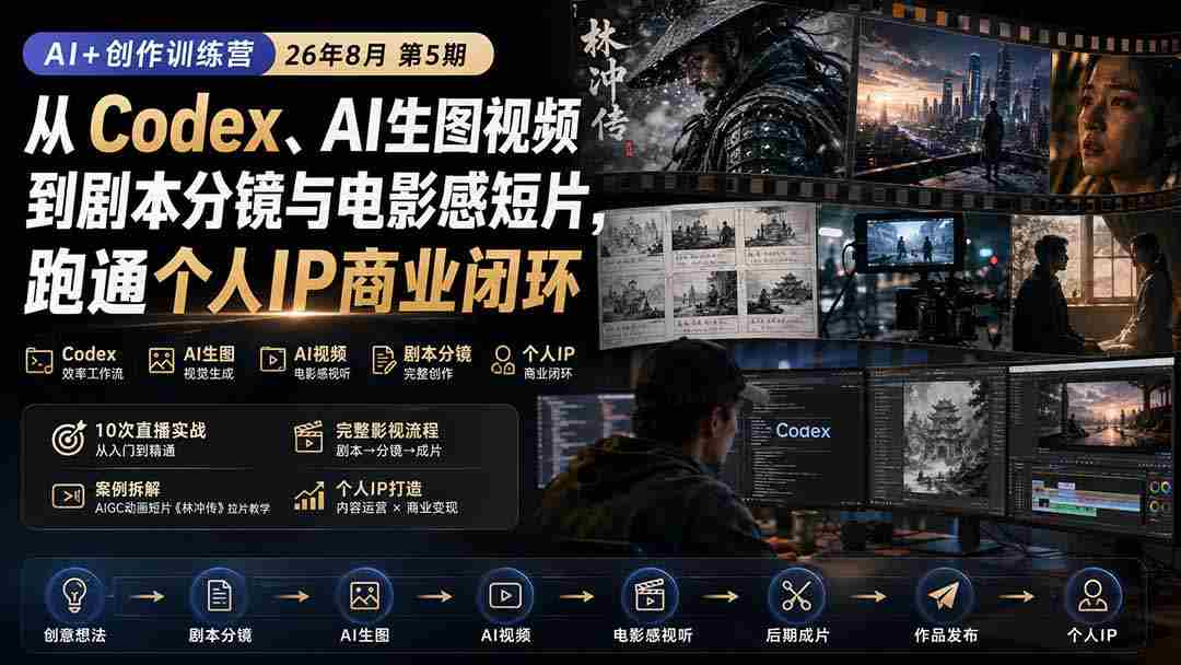 （20145期）AI+创作训练营26年8月第5期：从Codex、AI生图视频到剧本分镜与电影感短片，跑通个人IP商业闭环-副业部