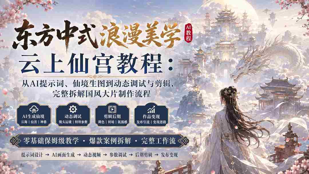 （20147期）东方中式浪漫美学云上仙宫教程：从AI提示词、仙境生图到动态调试与剪辑，完整拆解国风大片制作流程-副业部
