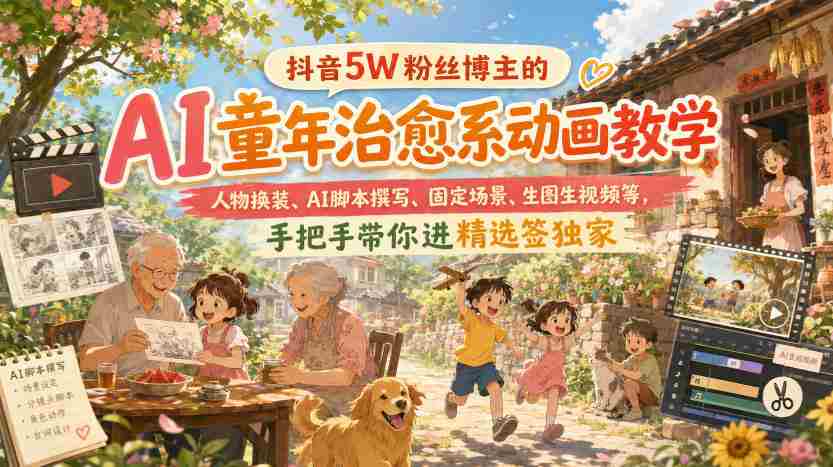 抖音5W粉丝博主的AI童年治愈系动画教学，人物换装、AI脚本撰写、固定场景、生图生视频等，手把手带你进精选签独家-副业部