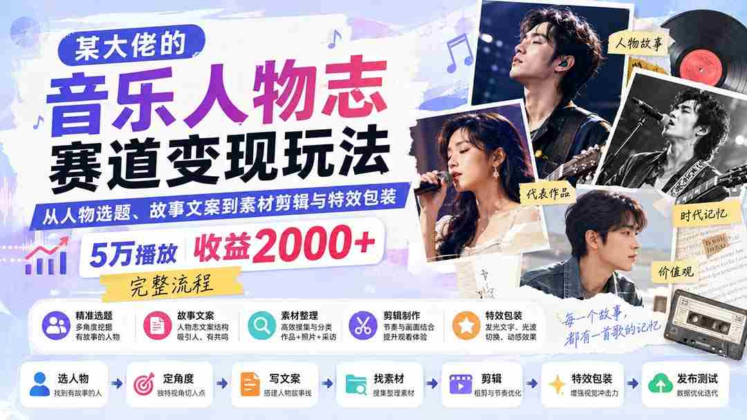 （20121期）某大佬的音乐人物志赛道变现玩法：从人物选题、故事文案到素材剪辑与特效包装，5万播放收益2000+完整流程-副业部
