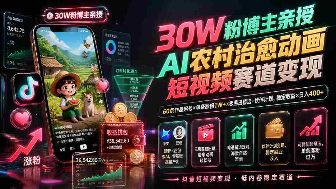 （19648期）30W粉博主亲授AI农村治愈动画短视频赛道变现：60条作品起号×单条涨粉1W+×极易进精选+伙伴计划，稳定收益×日入400+-副业部