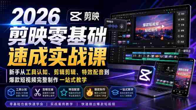2026剪映零基础速成实战课｜新手从工具认知、剪辑剪辑、特效配音到爆款短视频完整制作一站式教学-副业部