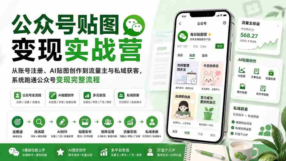 （20120期）公众号贴图变现实战营：从账号注册、AI贴图创作到流量主与私域获客，系统跑通公众号变现完整流程-副业部