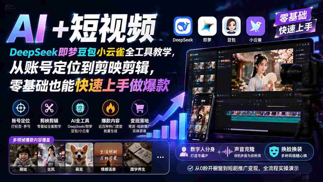 （19759期） AI+短视频｜DeepSeek即梦豆包小云雀全工具教学，从账号定位到剪映剪辑，零基础也能快速上手做爆款-副业部