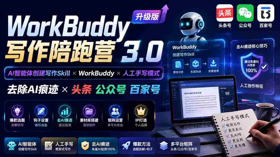 （19920期）WorkBuddy写作陪跑营3.0-更新：Ai智能体创建写作Skill×WorkBuddy×人工手写模式×去除AI痕迹×头条公众号百家号-副业部